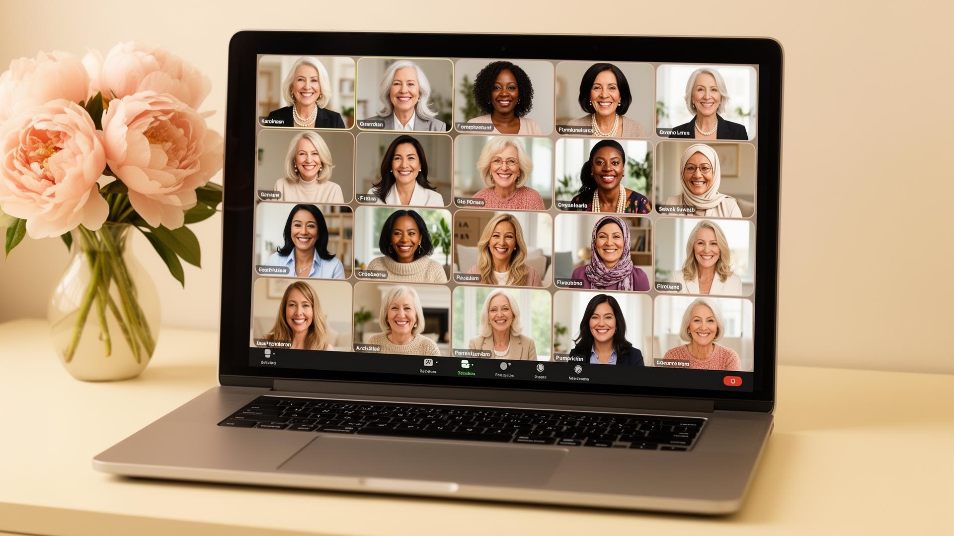Laptop screen showing a webinar grid of about twenty diverse mature women from across the country listening in