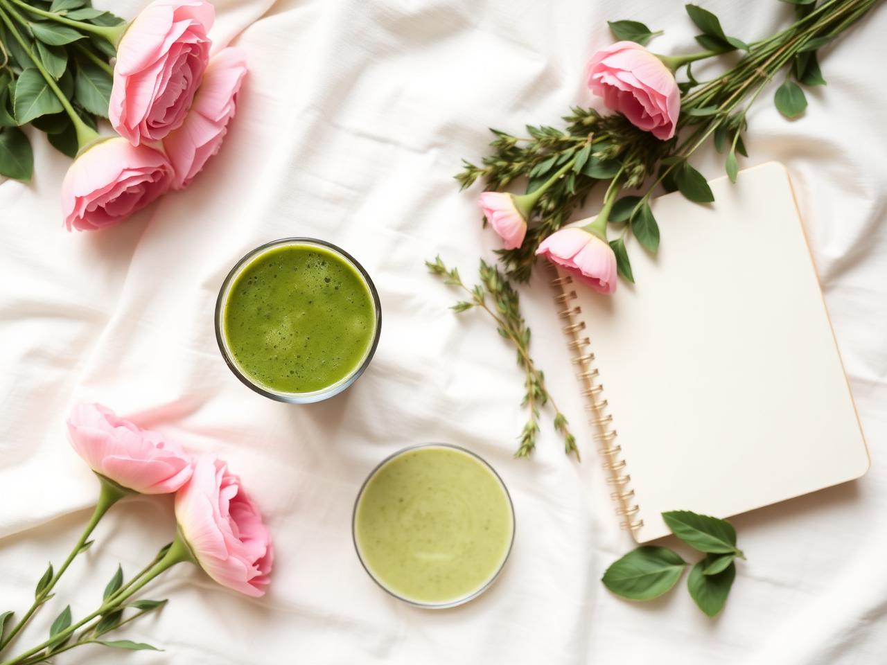 Wellness flatlay with green smoothie, journal and soft pink flowers